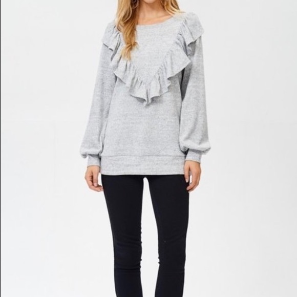 SOLD OUT CLEARANCE Gray Ruffle Light Knit Long Sleeve Sweater - Picture 4 of 5